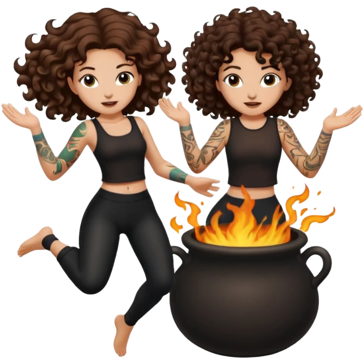 cauldron burst — long wavy brown hair tattooed woman and short tight curly brown hair woman — jumping back emoji