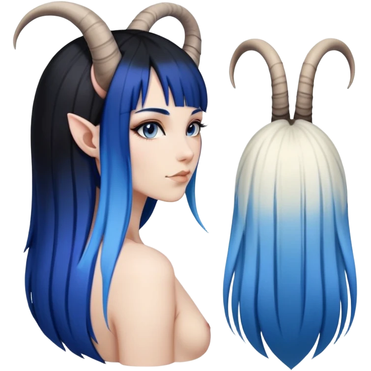 Art of a human woman's very sexy body scheme anatomy-very long straight black to blue hair ombre-left side view-small goat horns emoji