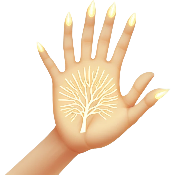 ethereal glowing hand with intricate symbolic palm lines, radiating mystical energy emoji