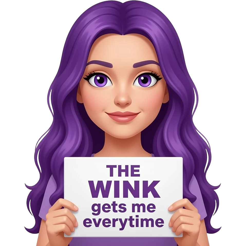 sexy girl with long purple hair and purple eyes holding a THE WINK gets me everytime sign emoji