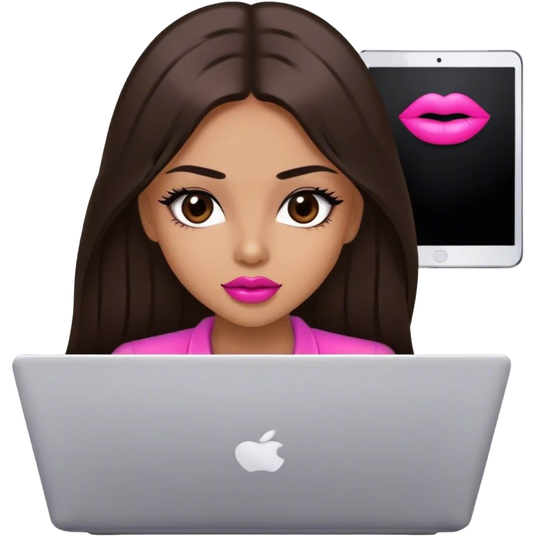 beautiful girl with long dark brown straight hair and black eyes and big pink lips and working  on laptop emoji