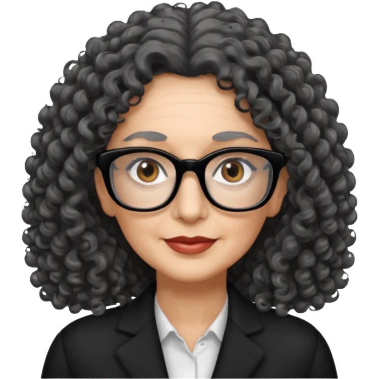 femme 60 ans cheveux gris foncé très bouclé longs et yeux marrons foncé,  lunettes rectangle noir emoji