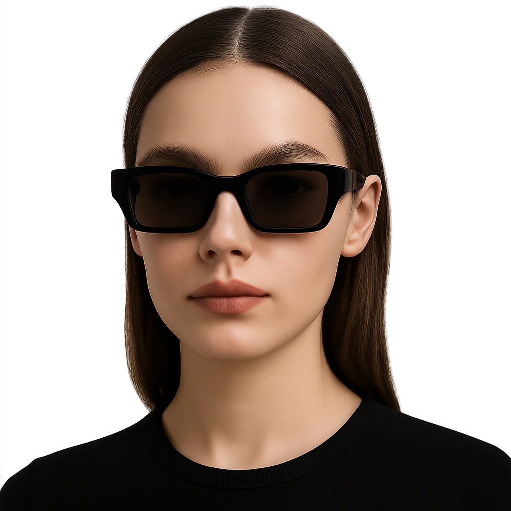 a woman in black rectangular sunglasses, headshot, plain background, modern look emoji