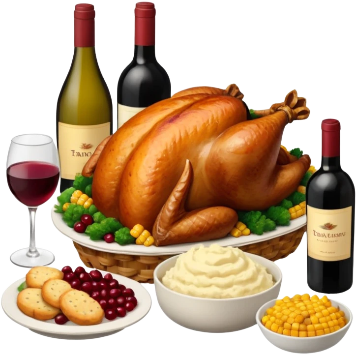 Thanksgiving Dinner with friends of all different races; have the food be a cooked turkey, mashed potatoes, corn, a basket of biscuits, a small bowl of cranberry sauce, baked yams, steamed vegetables, and a bottle of wine. emoji