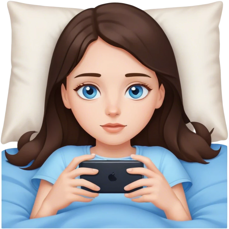 White girl brunett blue eyes, laying on flat In bed using her phone emoji