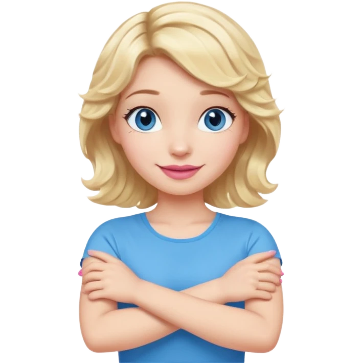 Girl Blonde short wavy hair,  blue eyes, cute blue top, long lashes, pink lips, smiling, making cross arms with arms  emoji