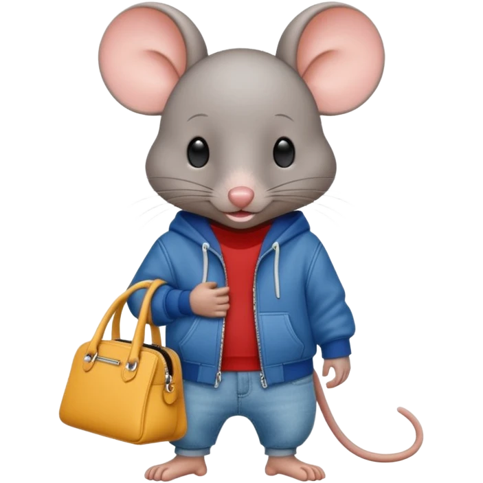 A fashionable mouse in wide jeans and a zip hoodie with a Balenciaga bag emoji