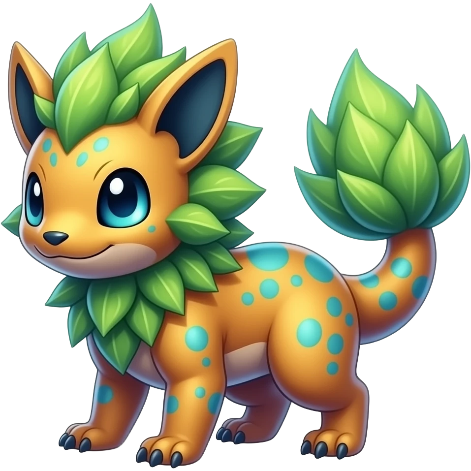 Exotic futuristic lush warm-colored neon tropical Fakémon-Fionbri-creature with cool-colored splash markings emoji