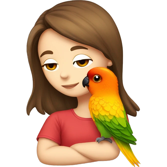 a brown haired girl kissing a sun conure on her shoulder emoji