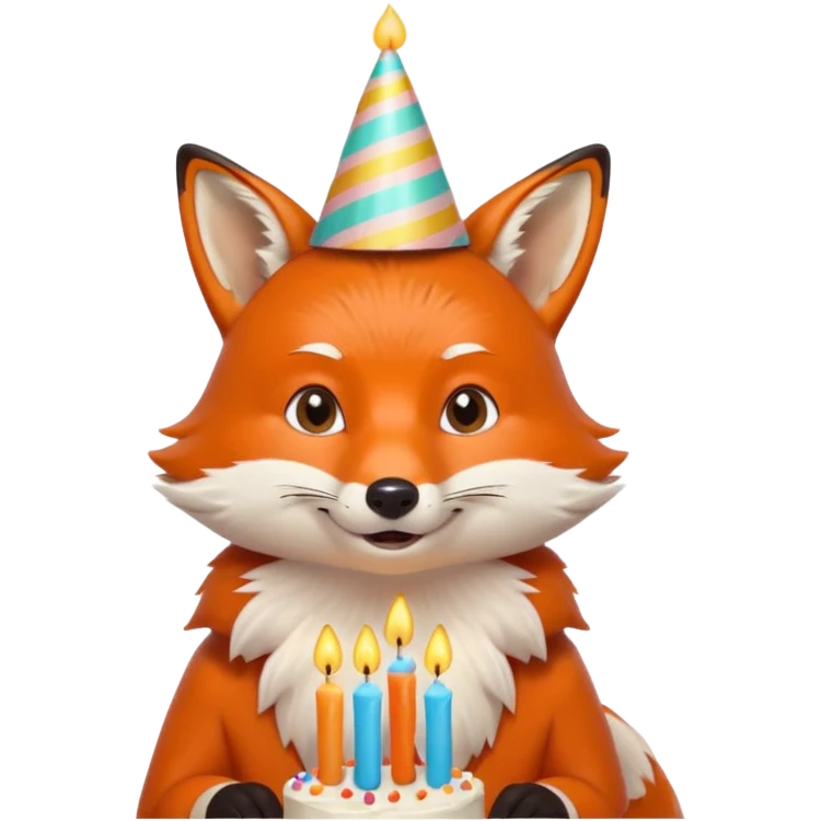 A fox wearing a birthday hat, joyfully blowing candles, portrait, bust up emoji