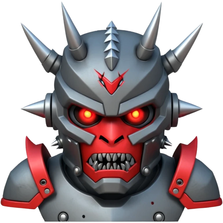 futuristic berserker war robot portrait, head and shoulders only, angry faceplate, jagged mouth grill, glowing eyes, spiked shoulder armor, scratched metal, intimidating look, 3D cartoon, mobile game icon style, clean background, no text, no watermark
 emoji