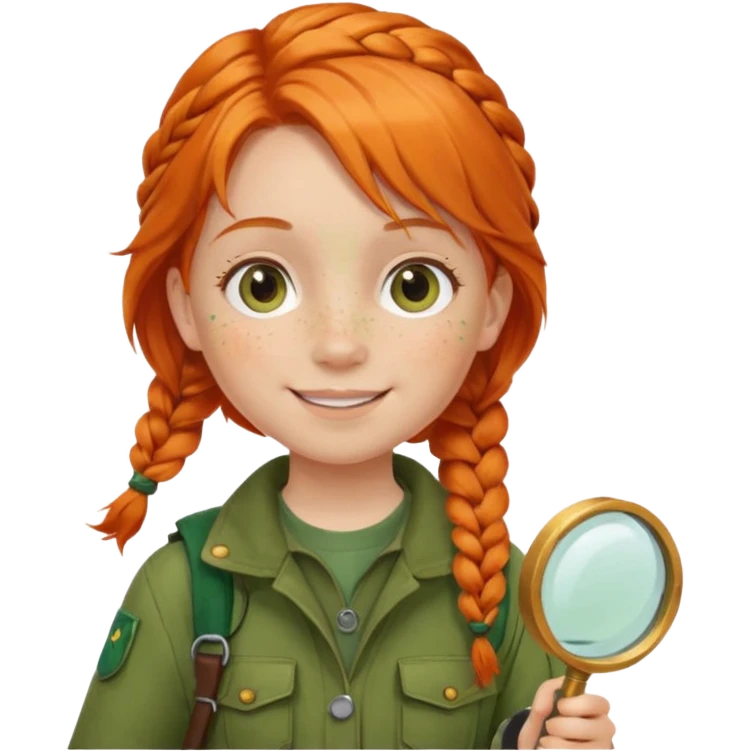 braid orange haired girl kid in moss green explorer outfit, holding magnifying glass, smile emoji