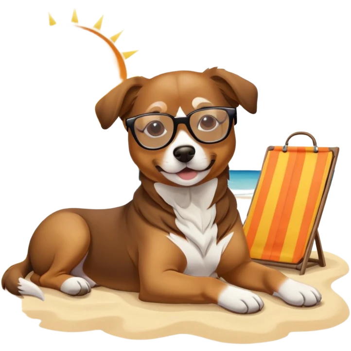 Un perro con gafas tomando el sol en la playa emoji