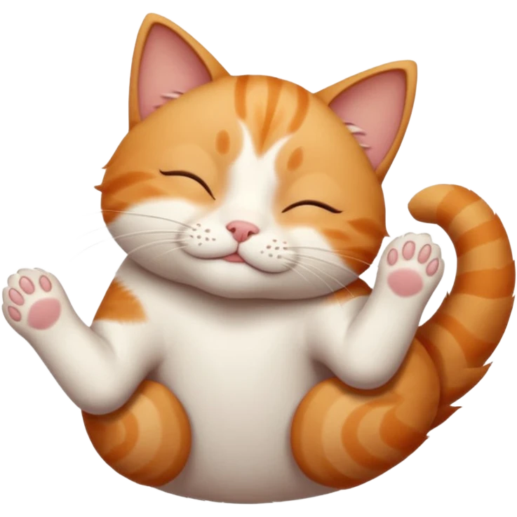 ginger and white small cat eyes closed lying down upside down with paws stretched out straight in different directions emoji
