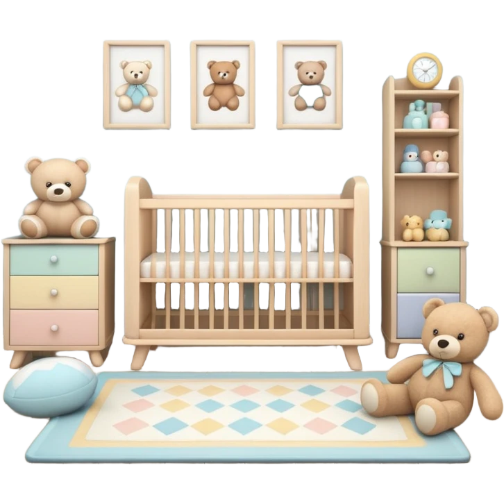 baby room, Crib beside toy shelf and rug emoji