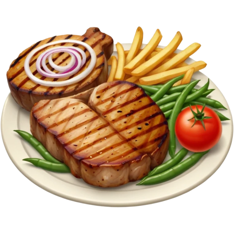 pork chops, fries, tomato onion salad, beans, and avocado on the side  emoji