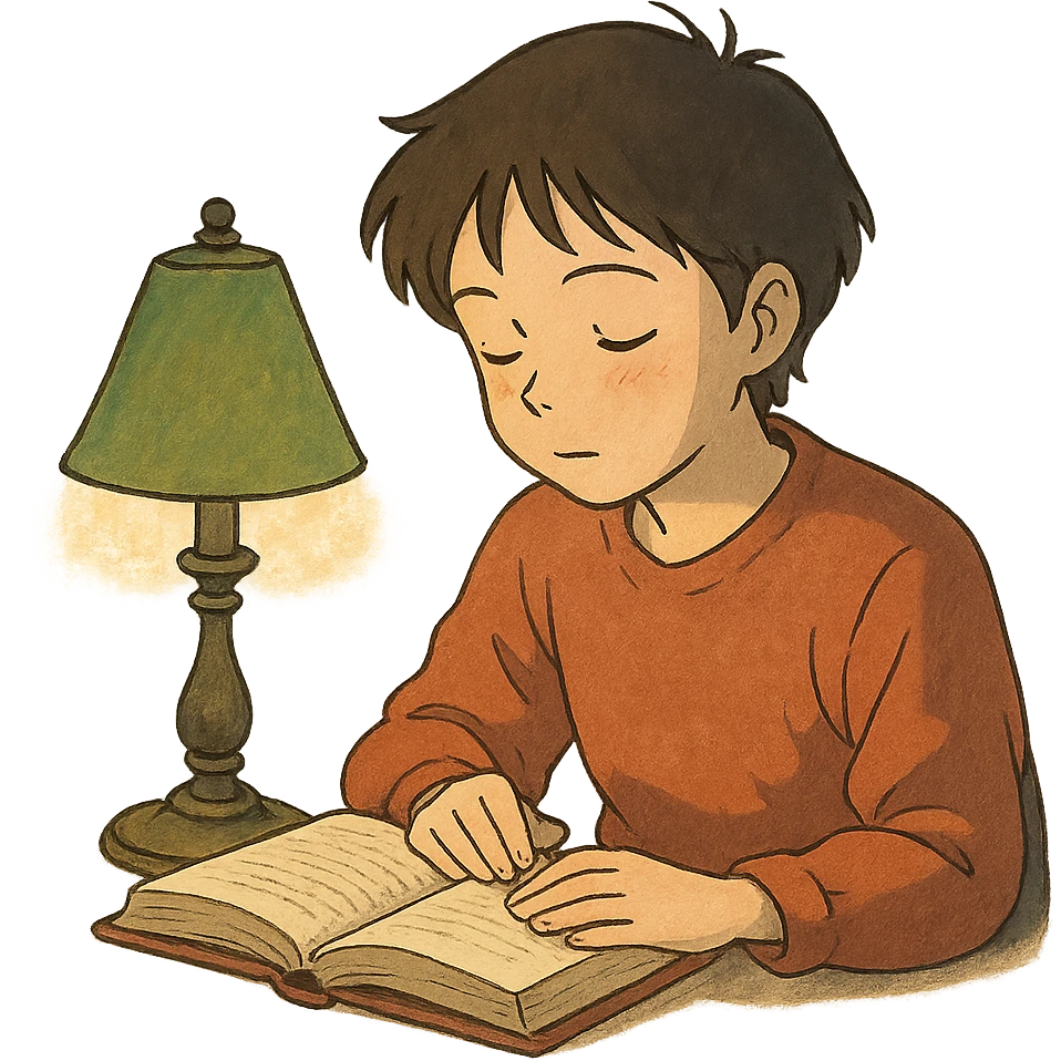 a person reading under a lamp, ghibli style emoji