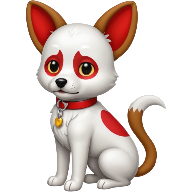 Perro blanco  con orejas negras  con un collar rojo sentado emoji