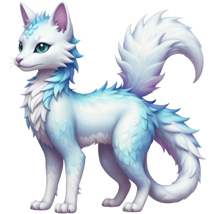 Kawaii white pastel iridescent beautiful pretty elegant divine edgy fantasy feline-vernid-sergal-fursona animal creature with a tufted tail full body with intricate markings  emoji