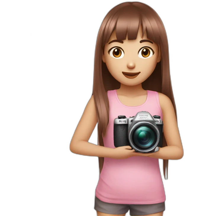 cute girl with dark brown eyes and long, straight rose hair with fringe and holding camera and wearing pink tank top emoji
