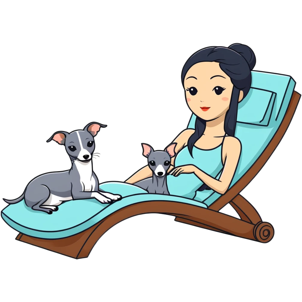 Very thin and slim Chinese woman with long black hair in elegant pool attire relaxing on a comfortable spa lounger at a luxury spa pool with only ONE Italian greyhound that is COMPLETELY solid dark grey with ABSOLUTELY ZERO white markings anywhere - 100% uniform dark grey color only - the single dog is relaxing on or beside the lounger emoji