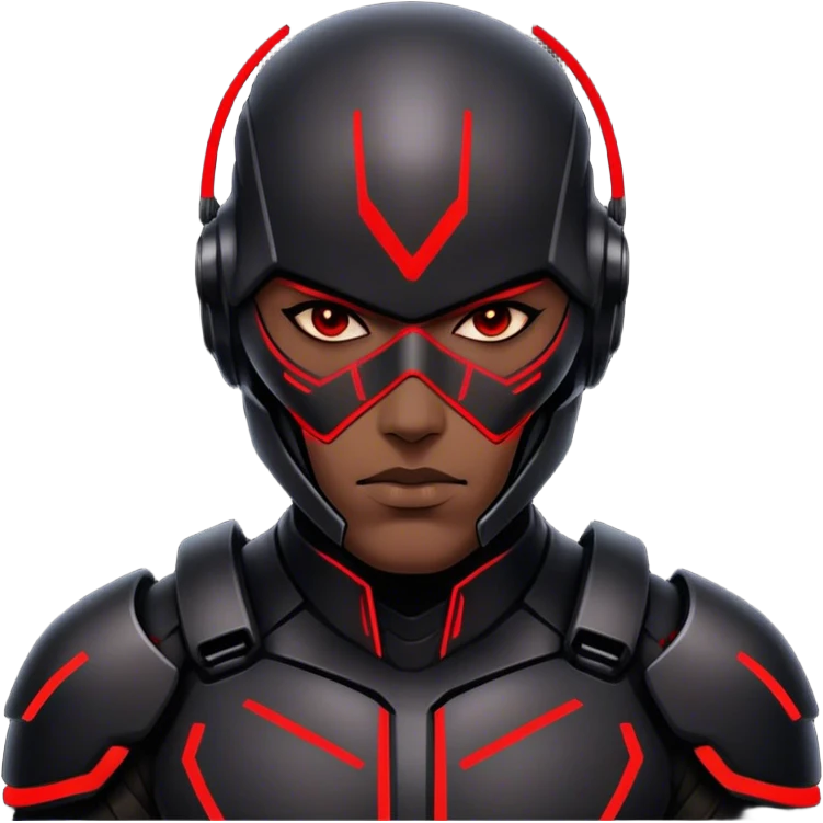 A cyber-warrior with a half-metallic face, neon red lines tracing his black armored skin emoji