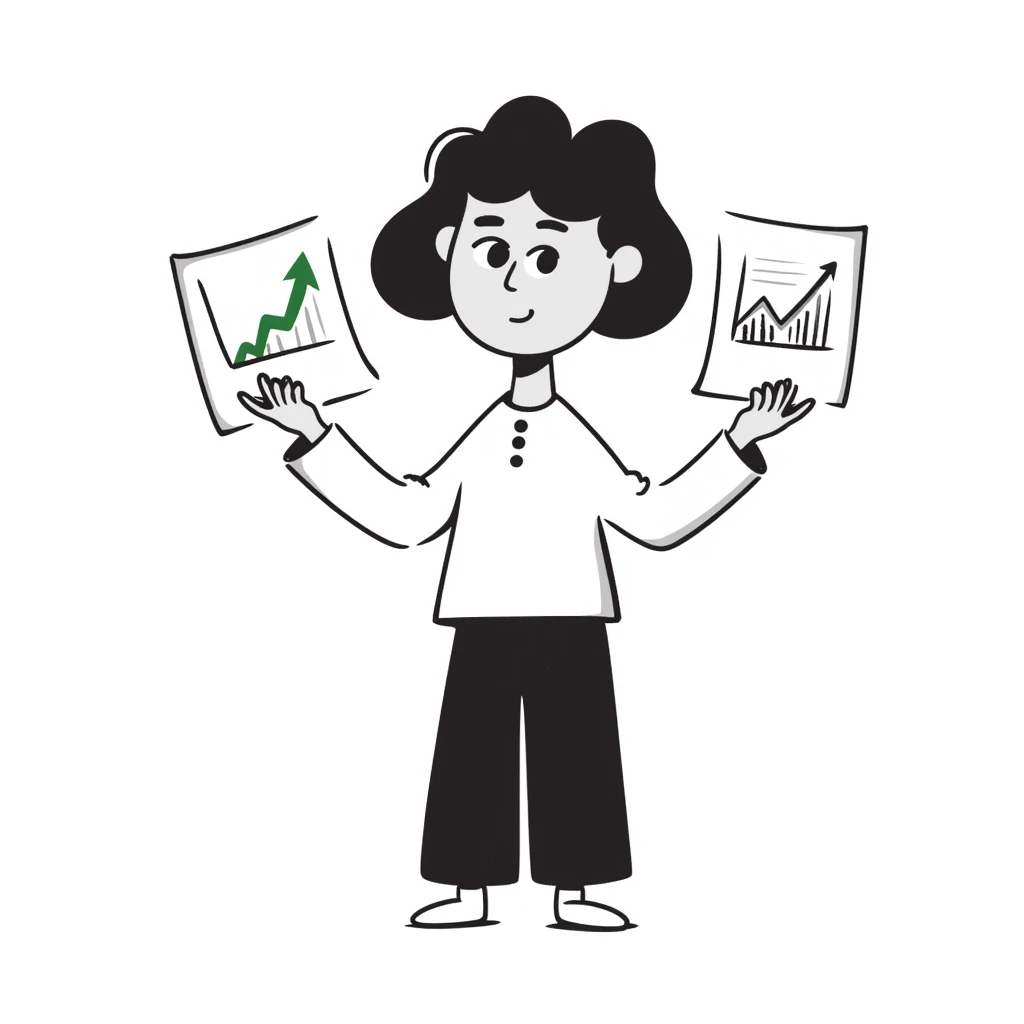 Girl holding chart with rising green graph line in right hand and holding another chart with falling red graph line in left hand emoji
