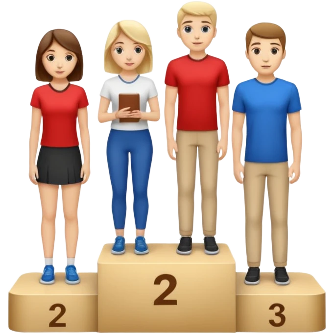 show people on podium in second, first then third position.  The podium should be labeled 2, 1, 3. The middle position should only have the number 1.  the people should be dressed causally in regular relaxed clothes

 emoji