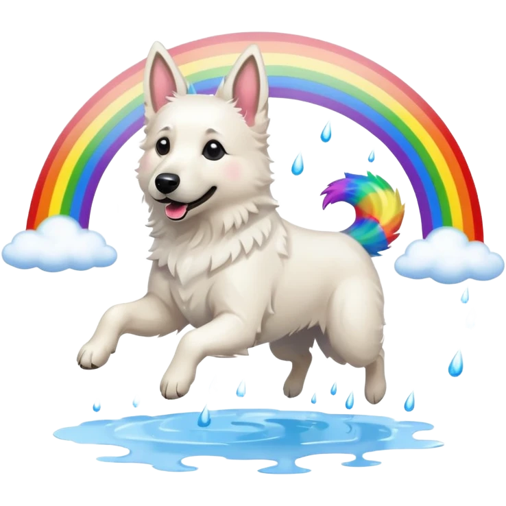 White belgian Shepard jumping over Rain puddles. There is a rainbow in the sky emoji