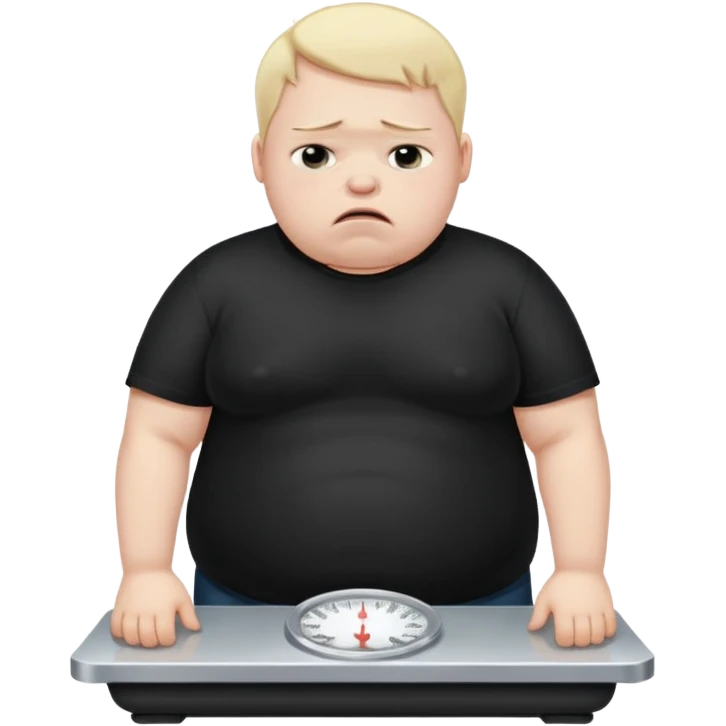 sad fat young boy in black t shirt crying on weight scale  emoji