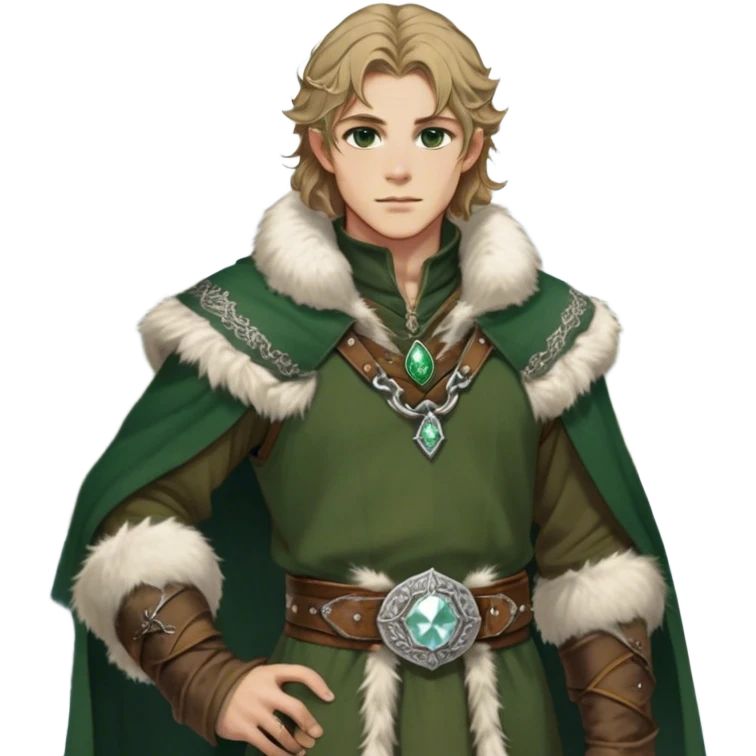 Medieval winter outfit worn by a DnD themed fantasy male character. Heavy olive green wool tunic with lynx fur collar, secured with ornate silver fastenings and a thick embossed leather belt. Clothes only above the waist, full waist coverage. The character has no arms. Character is white-skinned with golden brown hair, forest green eyes, and shoulder-length wavy hair with ice-crystal highlights. emoji
