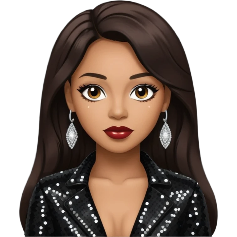 Vesta Williams, R&B Singer with long dark brown hair, black sequin outfit emoji
