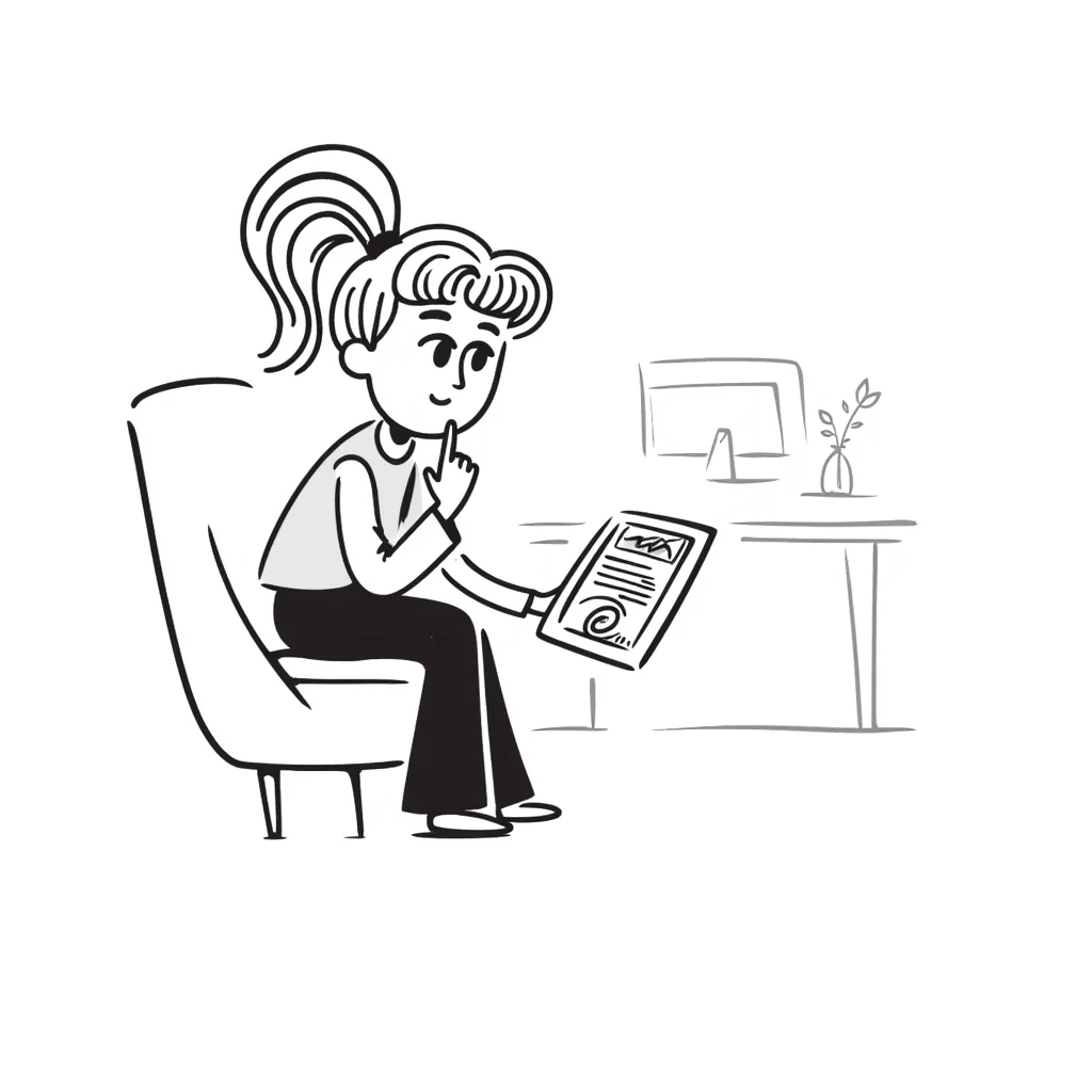 A thoughtful blonde physical therapist with finger on chin, wearing scrubs, looking contemplative while analyzing patient data emoji