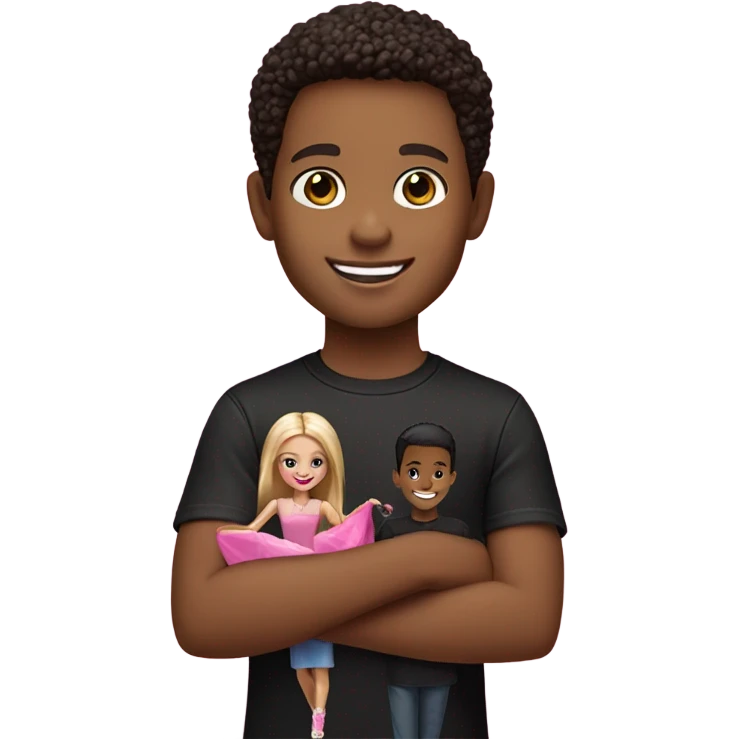 smiling boy in black shirt holding Barbie  emoji