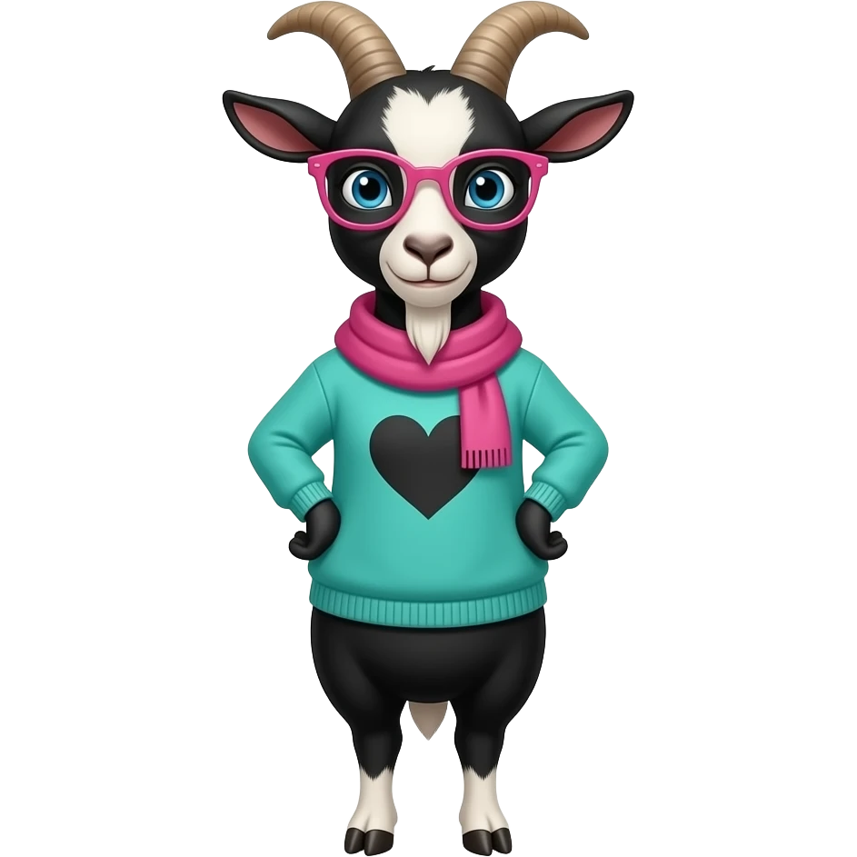 Raslei from the video game deltarune basically a female goat standing on two legs wearing a turquoise green like sweater with a black heart in the middle and black sleeves wearing pink glasses and pink scarf emoji