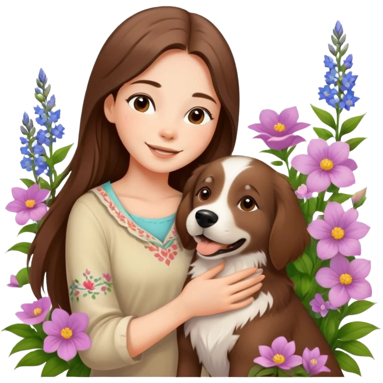 A beautiful girl with long straight hair happily hugs an Alaskan dog in the flowers emoji