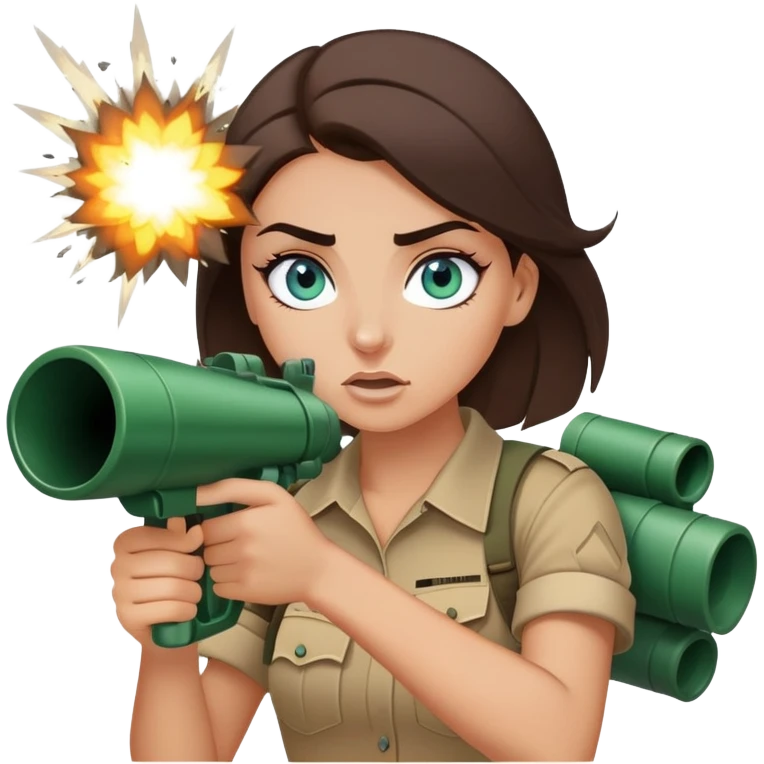 Blue green eyed, brunette, white girl with thick eyebrows and nose piercing, holding bazooka, exploding emoji