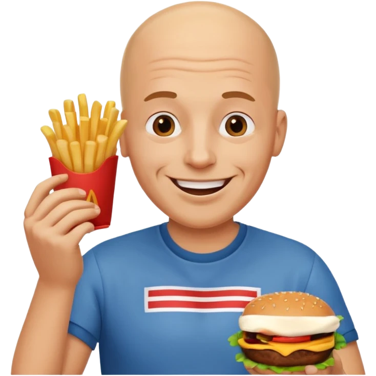 Bald headed man eating a hamburger and French fries smiling  emoji