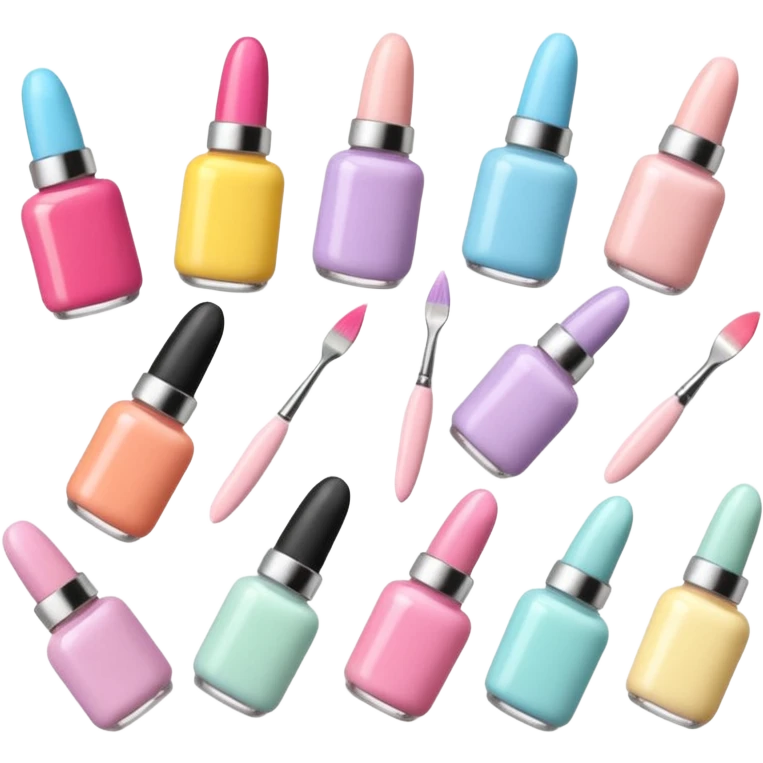 Minimalist nail art sticker pack featuring a cute female nail artist, nail tools like brushes and files, colorful nail polish bottles, small decorated nails, simple and clean design, pastel colors, kawaii style, delicate and charming, high-resolution, perfect for nail stickers emoji