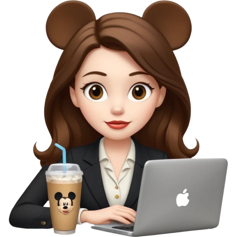 Women in front of one laptop that has a Mickey sticker on it, with a happy face, face a little fuller, lips plump, full eyebrows, long brown hair, light brown big eyes, light pale skin with a iced coffee on the side, business attire, who is typing emoji