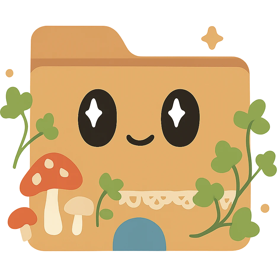 Whimsical File Explorer folder icon in cottagecore style: wooden folder with a blue arch at the bottom, surrounded by mushrooms, ivy, and lace, soft earthy palette, no words emoji