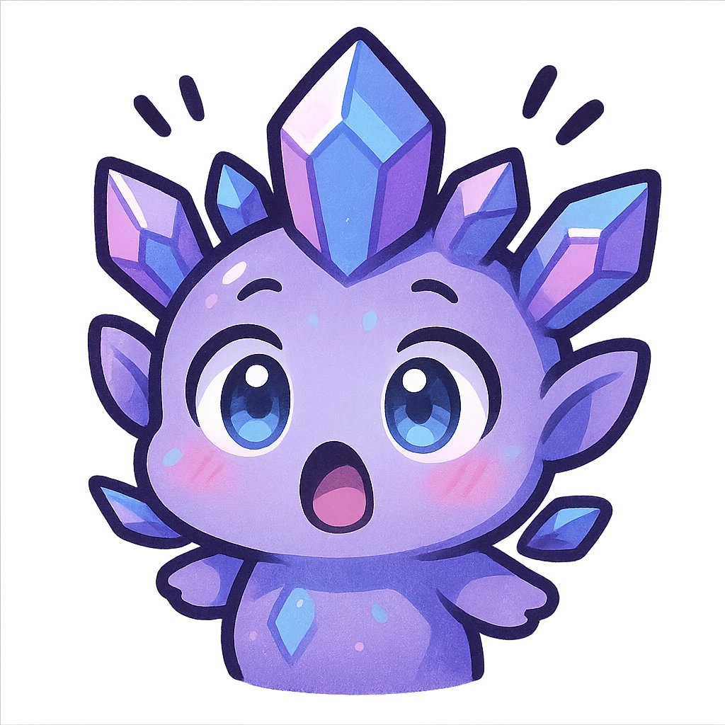 chibi kawaii style emote of a crystal sprite creature, colors purple blue and pink, surprised expression emoji