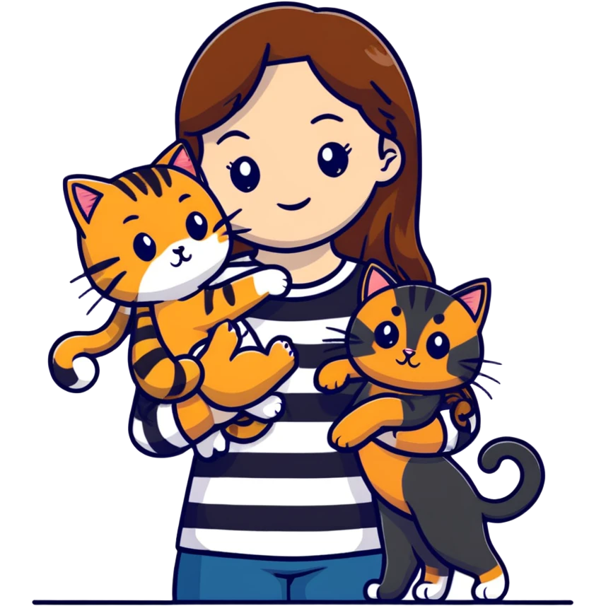 tan girl with long brown hair holding two cats, one black cat and one grey-striped cat emoji