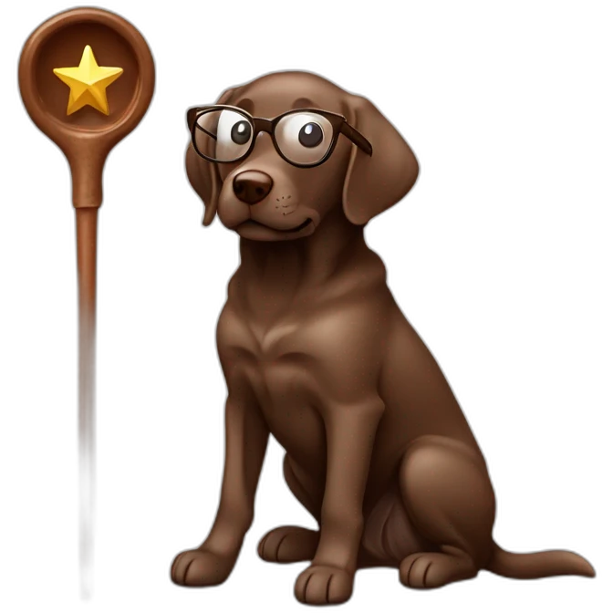 Labrador Retriver chocolate color whit a magic wand and glasses emoji