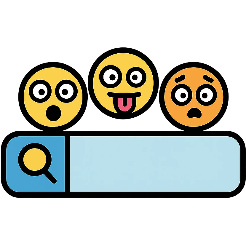 playful icon of a search bar with silly or surprised emoji faces popping out emoji