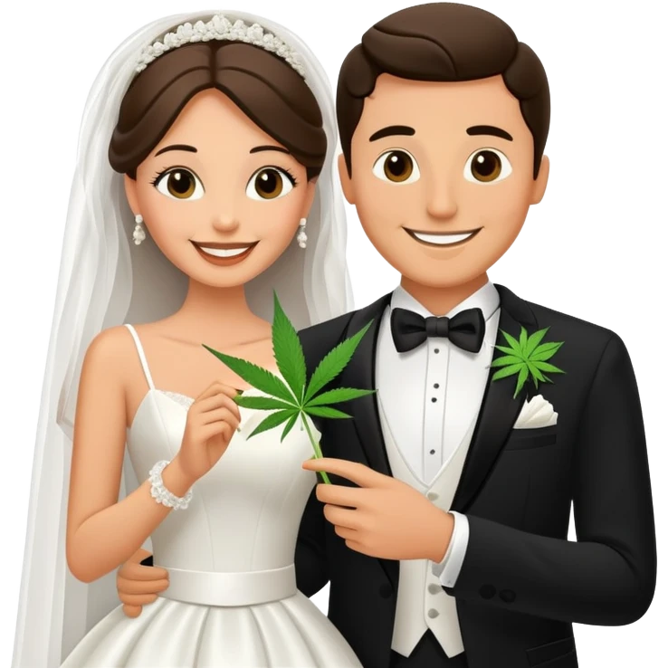 Bride in white dress and groom in tuxedo sharing a cannabis joint, cheerful cartoon wedding couple emoji
