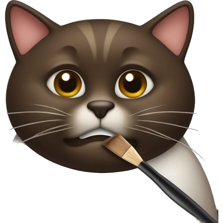 Dark brown fat cat hold brush in mouth  emoji