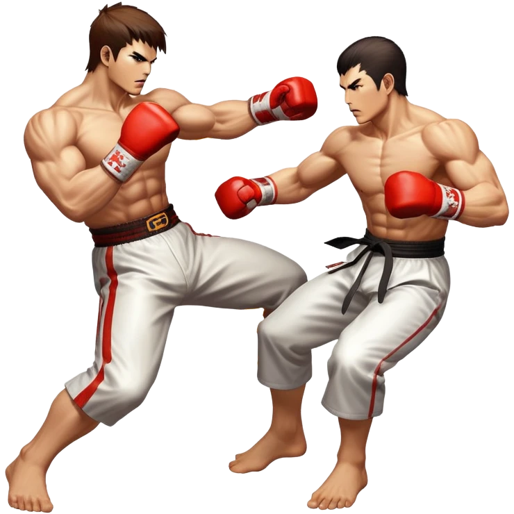 An icon showing two fighters in an intense battle, inspired by Tekken. The design features dynamic poses, with powerful punches and kicks, and a vibrant action-packed background. Health bars are visible at the bottom, showing each player’s status. Transparent background. emoji