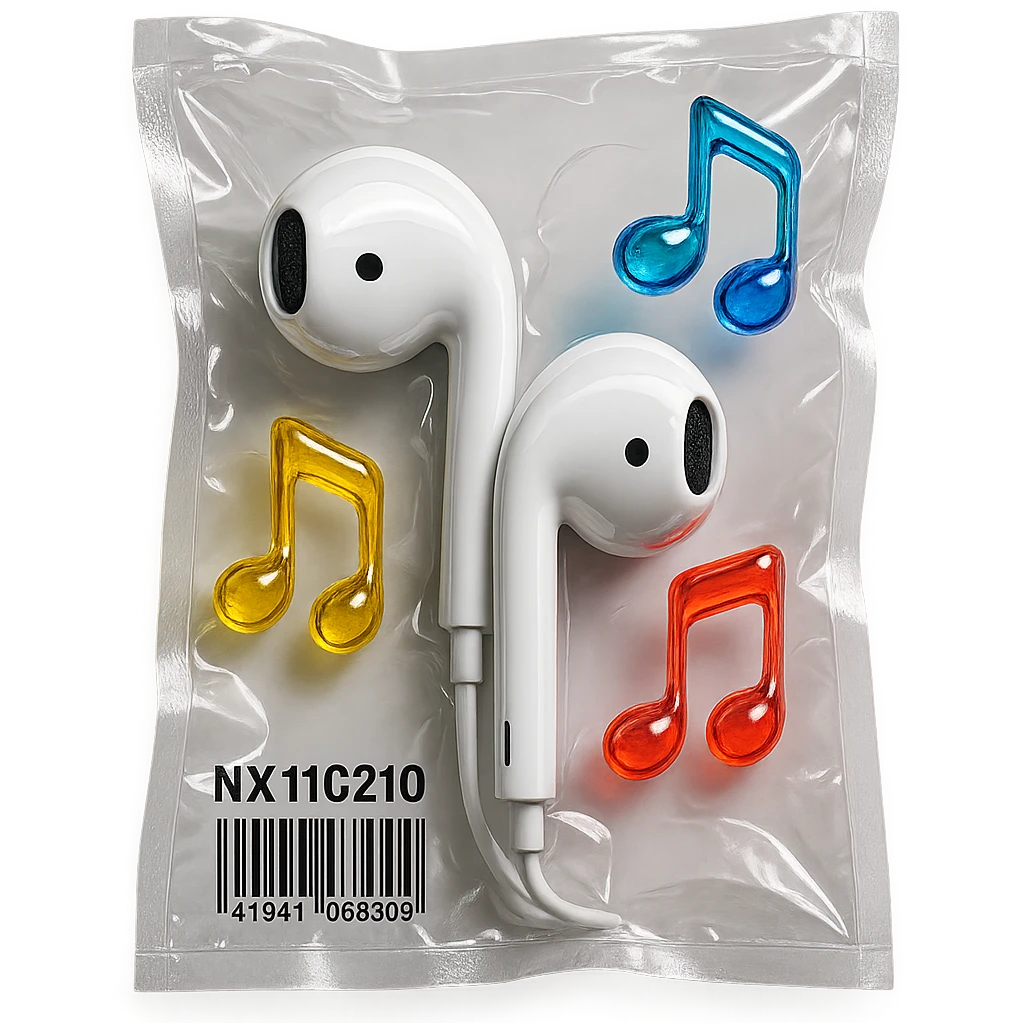 white EarPods headphones with three distinct colorful glassy music notes floating nearby, shiny and inflated emoji