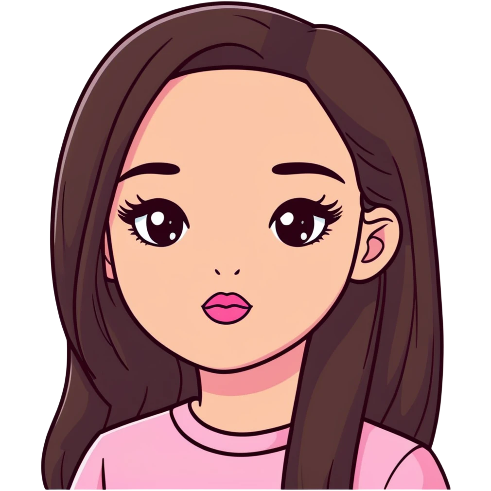 girl with lighter skin, dark brown long straight hair, pouty shiny lips with pink lip gloss, large eyes with eyelashes, pink blush on cheeks, inner eye highlighted with white eyeliner, lighter button nose, long oval-shaped face emoji